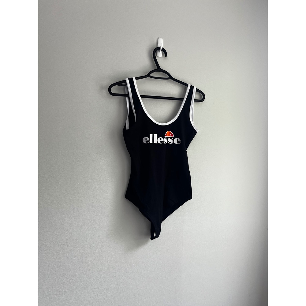 Ellesse Womens‎ Black Ringer Logo Bodysuit Scoop Neck Small Branded